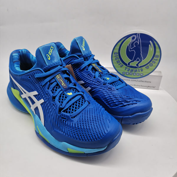 asics Court FF NOVAK Aqua Blue White/ Neon Green 1041A363 400 Tennis Shoes